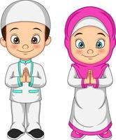tecknad muslimsk unge hälsning salaam vektor