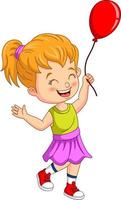 tecknad liten flicka håller röd ballong vektor