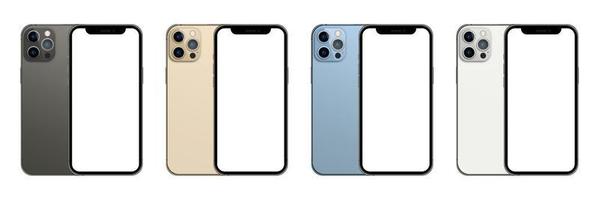 samling av iphone 13 pro i fyra färger grafit, guld, sierrablått och silver. mock up skärm iphone och baksidan telefon vektor