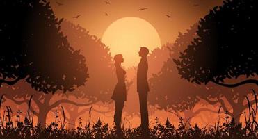 Silhouettenpaar in einem Wald mit Bäumen und Vögeln. Sonnenuntergang in einem Wald mit einem Paar. vektor