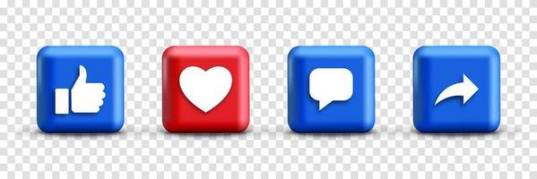 gilla kärlek kommentar dela knappar i 3d moderna fyrkantiga sociala medier meddelandeikoner premium vektor