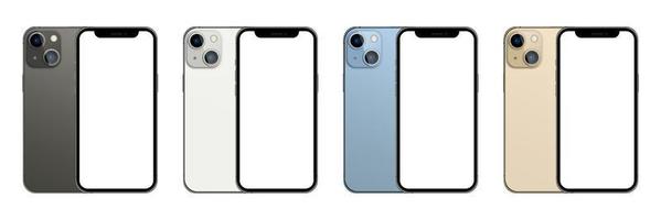 Kollektion von iPhone 13 Pro in den vier Farben Graphit, Gold, Sierra-Blau und Silber. mock-up-bildschirm iphone und rückseitiges handy