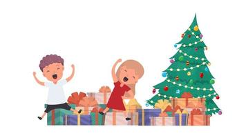 glada barn med presenter. glada barn, presentförpackningar, julgran. isolerat. vektor. vektor