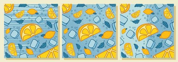 färsk lemonad med mynta och isbitar. citronskivor, myntablad. vektor illustration med texturer.