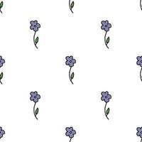 seamless mönster. doodle stil handritad. natur, djur och element. vektor illustration. violetta blommor med gröna blad på en vit bakgrund.