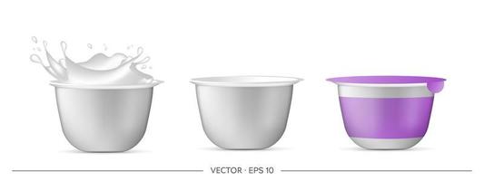 Satz Plastikbecher für Joghurt. isoliert auf weißem Hintergrund. Vektor-Illustration. vektor