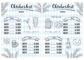 oktoberfest 2022 - bierfest. handgezeichnete Doodle-Elemente. Deutscher traditioneller Feiertag. Oktoberfest, Craft Beer. blau-weiße Raute. vertikale Bierkarte. vektor