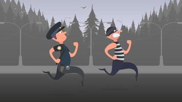 ein Polizist rennt einem Dieb hinterher. ein Krimineller entkommt dem Polizisten. Cartoon-Stil. Vektor. vektor