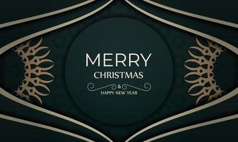 Postkartenvorlage Frohe Weihnachten und ein glückliches neues Jahr in dunkelgrüner Farbe mit gelbem Vintage-Muster vektor