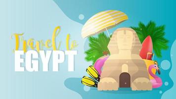 resa till egypten. blå banderoll på temat semester i Egypten. egyptisk sfinx, palmer, paraply, simfötter, gummiring för simning, surfbräda. vektor. vektor