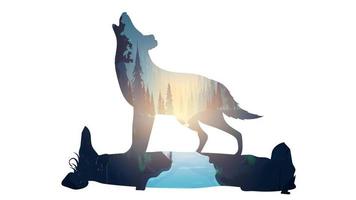 der Wald im Wolf. Silhouette eines heulenden Wolfes. darin ist ein mysteriöser Nachtwald mit dem Mond und fliegenden Vögeln. gut für Designpostkarten und T-Shirts. Vektor-Illustration, isoliert. vektor