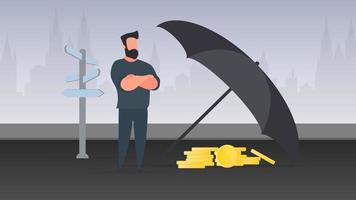 Geschäftsmann hält Kapital. ein großer Regenschirm schützt das Geld vor Risiken und Gefahren. Bürokonzept der Kapitaleinsparung und Investition. Vektor. vektor