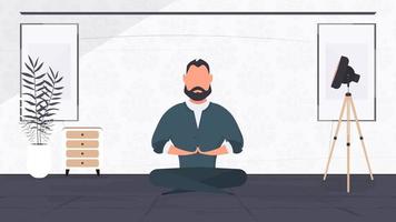 affärsman mediterar på kontoret. en man som gör yoga. avslappning, meditation, yoga och vila från jobbet koncept. vektor. vektor