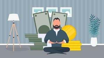 Der Mann meditiert über den Hintergrund des Geldes. Geschäftsmann, der Yoga macht. großer Stapel von Dollar und Goldmünzen.