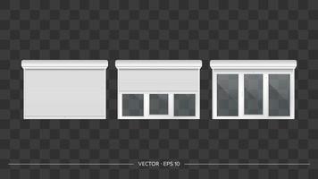 Vektorrealistischer Satz geschlossener und offener Tür- oder Fensterrollen. Glastür oder hohes Fenster mit Rollladen. weiße Metalljalousien. vektor
