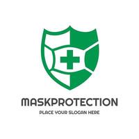 Maskenschutz-Vektor-Logo-Vorlage. Dieses Design verwendet ein Schildsymbol. zur Vorbeugung geeignet. vektor