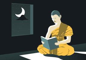Mönch las nachts im Tempel das Dharma-Buch, um Buddha zu studieren, lehre, aus dem Leiden heraus zu sein, eine Routine des Priesters vektor