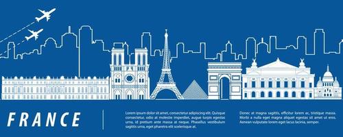 Frankrike berömda landmärke siluett med blå och vit färg design vektor