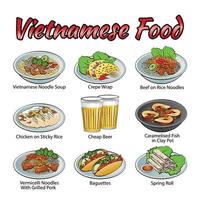 uppsättning av utsökt och berömd mat från Vietnam i färgglad gradientdesignikon vektor
