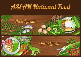 asean nationella livsmedelsingredienser element som banner på trä bakgrund, Malaysia och Indonesien vektor