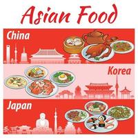 Set aus köstlichen und berühmten Essensbannern aus Asien, Japan, China, Korea in farbenfrohem Farbverlaufsdesign und Sehenswürdigkeiten vektor