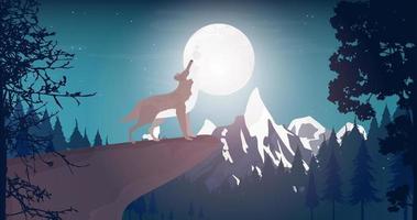 vargen ylar mot månen. ylande varg på kanten av en klippa. nattskog med stor måne. fullmåne. vektor illustration.