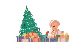 glückliche Kinder mit Geschenken. glückliche Kinder, Geschenkboxen, Weihnachtsbaum. isoliert. Vektor. vektor