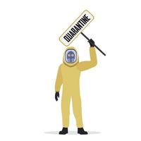 ein Mann in einem gelben Schutzanzug mit einem Quarantäneschild. Anzug vor Viren und Strahlung. Vektor. vektor