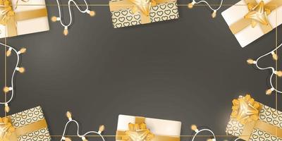 choklad bakgrund med realistiska presentförpackningar med gyllene band och rosetter. girlanger med lökar. utsikt från ovan. banner med plats för text. vektor