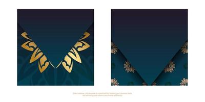 hälsningsreklambladsmall med lutning blå färg med grekiskt guldmönster förberedd för typografi. vektor