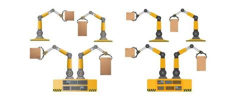 Satz mechanischer Roboter, die Kisten halten. Industrieroboterarm hebt eine Last. moderne Industrietechnik. Geräte für produzierende Unternehmen. isoliert. Vektor. vektor