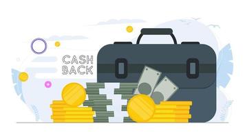 Cashback-Konzept. großer Koffer. Dollar, Geldbündel, Goldmünzen. das Konzept des erfolgreichen Geschäfts, des Einkommens und des Reichtums. Vektor. vektor