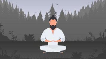 ein Mann in einem weißen Kimono meditiert im Park. Kung-Fu-Meister. Der Typ macht Yoga in der Natur. Vektor. vektor