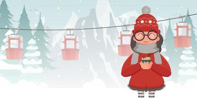 en flicka i vinterkläder håller en varm dryck. linbana eller bergbana. banner med plats för text. vektor illustration.
