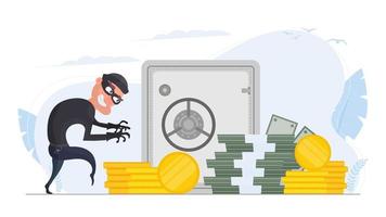 rånaren stjäl pengar. brottslingen stjäl guldmynt. rån och finanssäkerhetskoncept. platt stil, vektor. vektor