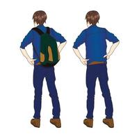 resenär man i jeanskläder vända tillbaka stående med grön ryggsäck. isolerad på vit bakgrund vektor