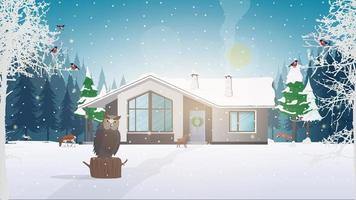 Winter im Wald. ein Haus in einem verschneiten Nadelwald. Wald, Bäume, Hütte, Eule, Hirsch, Snigeri. gut für die Gestaltung eines Neujahrsbanners und einer Animation.