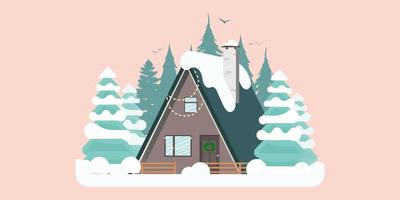 koncepthus i en snöig skog med utsikt över bergen. vektor. vektor