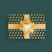 realistische grüne Geschenkbox mit goldenen Sternen, goldenen Bändern und Schleife. Sicht von oben. Vektor-Illustration. vektor