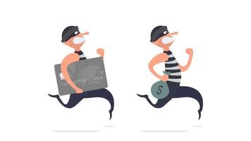 uppsättning brottslingar. inbrottstjuven flyr med ett kreditkort. tecknad stil illustration. bra för säkerhet, rån och bedrägeri. isolerat. vektor. vektor