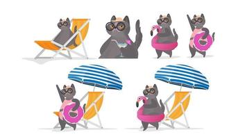 Satz lustige Katzenaufkleber mit einem rosa Kreis zum Schwimmen. Liegestuhl, Sonnenschirm. Katze mit Brille und Hut. gut für Aufkleber, Karten und T-Shirts. lustiges Banner zum Thema Sommer. Vektor. vektor