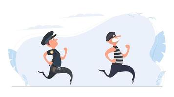 ein Polizist rennt einem Dieb hinterher. der Kriminelle entkommt dem Polizisten. Cartoon-Stil. Vektor. vektor