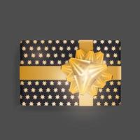 svart presentförpackning med ett mönster av guldstjärnor. guld band rosett. vacker realistisk presentförpackningsmall för födelsedag, jul, nyårsdesign. ovanifrån vektorillustration vektor