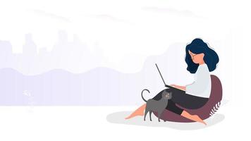 flickan sitter på en ottoman och arbetar vid en bärbar dator. en kvinna med en bärbar dator sitter på en stor sittpuff. katten gnuggar mot flickans ben. vektor. vektor