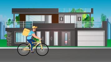 Essenslieferant auf einem Fahrrad. Essen nach Hause liefern. Vektor-Illustration vektor