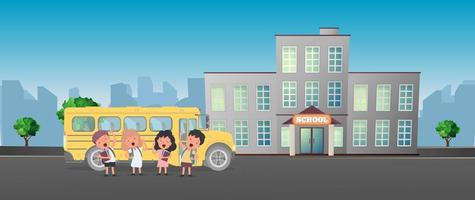 glückliche Kinder und ein Schulbus. Kinder gehen zur Schule. gelber Bus für die Schule. vetkor. vektor