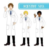 Stellen Sie einen gutaussehenden Wissenschaftler ein, der ein ok Handzeichen zeigt. medizinisches Personal männlich. vektor