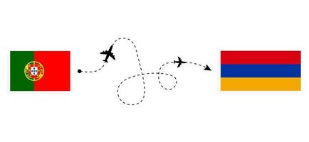 Flug und Reise von Portugal nach Armenien mit dem Reisekonzept für Passagierflugzeuge vektor