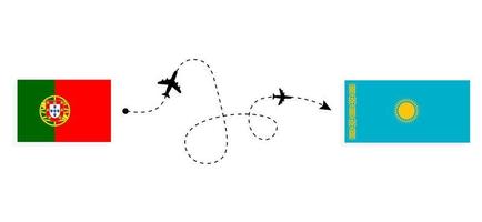Flug und Reise von Portugal nach Kasachstan mit dem Reisekonzept des Passagierflugzeugs vektor