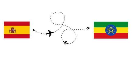 flyg och resor från Spanien till Etiopien med passagerarflygplan vektor